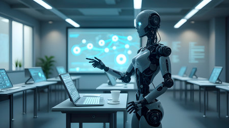 A robot teacher in a high-tech classroom with holographic displays, Ai generated image
