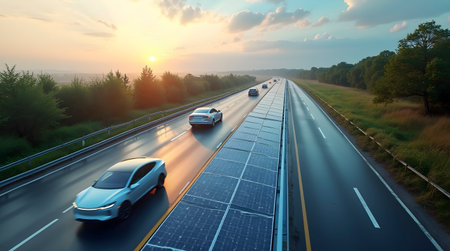Solar-panel highway with electric cars, Ai generated image