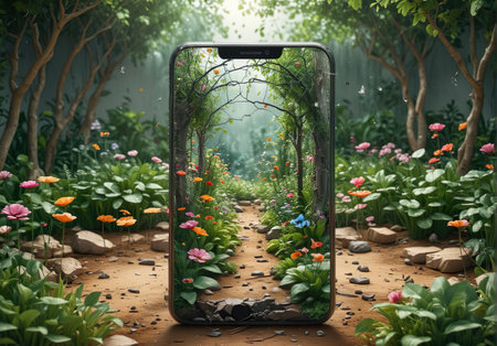A smartphone screen cracking to reveal a garden inside, symbolizing digital detox and mental peace,...