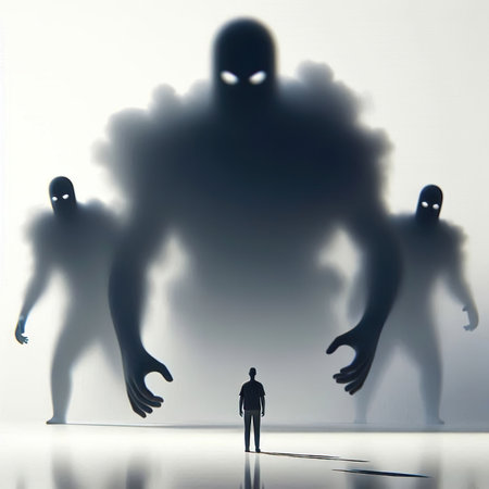 A minimalist poster about anxiety: shadowy figures looming over a small person, in muted colors
