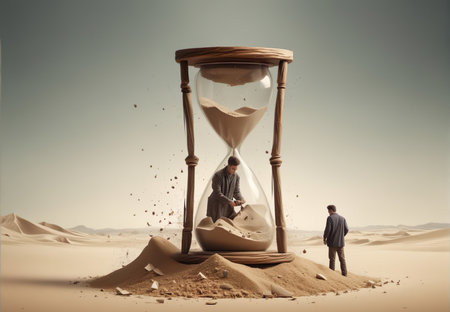 A person trapped in an hourglass with sand turning into sharp shards