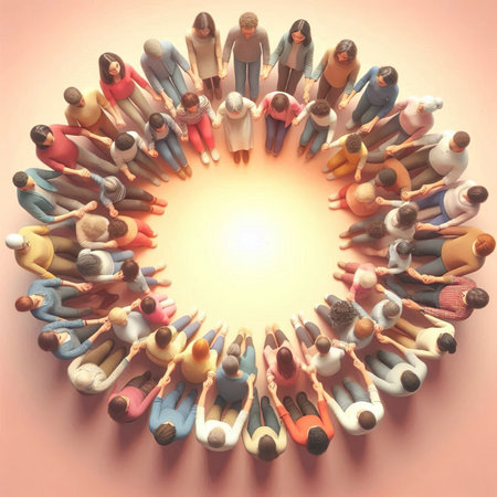 A heartwarming scene: diverse people forming a support circle, warm lighting