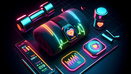 Neon-lit composition: smartwatch showing heart rate data, Ai created image