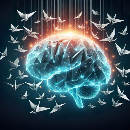 A glowing origami brain slowly unfolding, surrounded by falling paper cranesâ€”metaphor for...