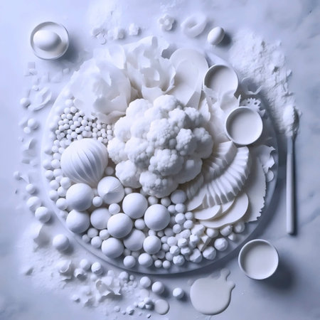 Monochromatic food art composition using only white ingredients cauliflower, coconut, white...