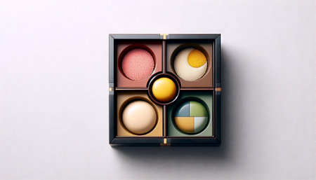 Minimalist Japanese washoku food art with precisely arranged five-color components in lacquer box,...