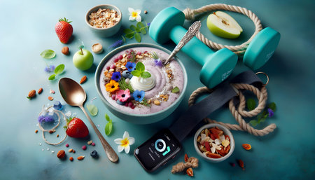 Frosted smoothie bowl with granola and edible flowers, Ai created image