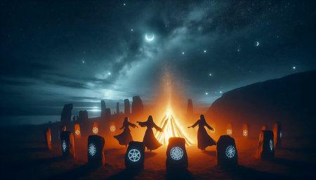 Silhouetted figures dance around a massive bonfire under a starry sky, Ai created image