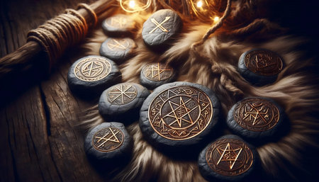 Elder Futhark runestones scattered on a wolf pelt, one glowing with golden light, Ai created image