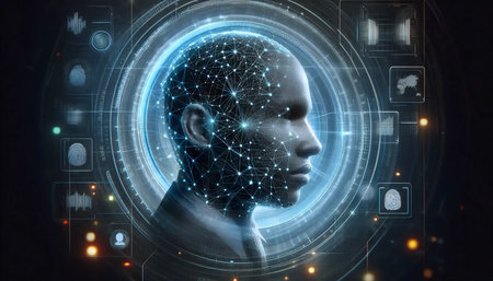 A translucent  hologram of a human head rotating with floating biometric data points, Ai created...