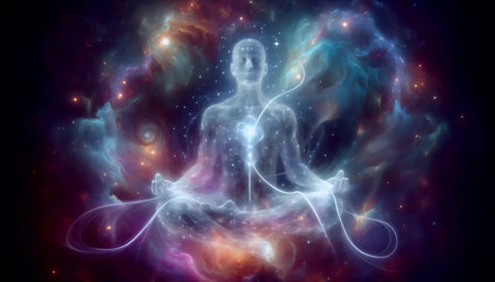 A translucent spirit rises from a meditating body, connected by a silver cord, Ai created image