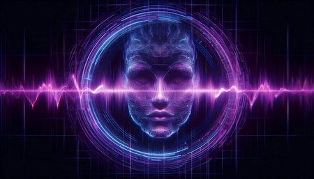 A soundwave visualization morphing into a unique biometric signature with Voice id Verified text, Ai created imageの写真素材