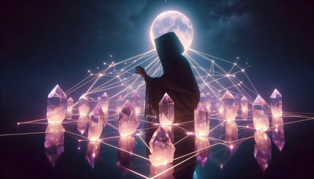 A person arranges glowing quartz crystals in a geometric pattern under moonlight, Ai created image