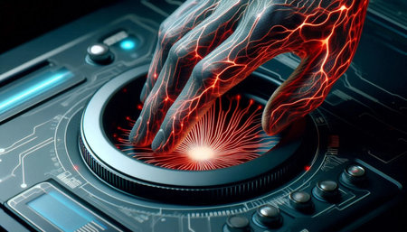 A hand hovering over a black biometric scanner, Ai created image