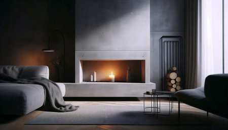 A modern minimalist fireplace with a concrete finish, a single candle, and a black metal log holder,...