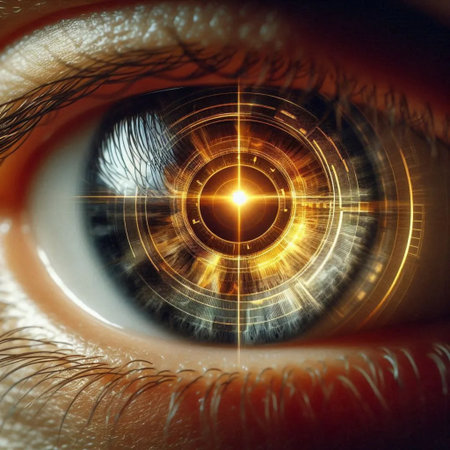 Close-up of a human eye aligning with a circular iris recognition device, Ai created imageの写真素材