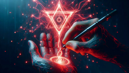 A hand draws a pulsating sigil in the air with glowing red ink, Ai created image