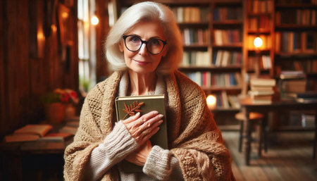 A kind elderly woman with glasses and a knitted shawl, holding a book in a cozy wooden bookstore, Ai...