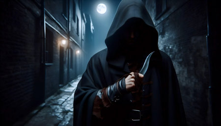 A hooded figure in a dark cloak, face hidden, holding a curved dagger, Ai created image