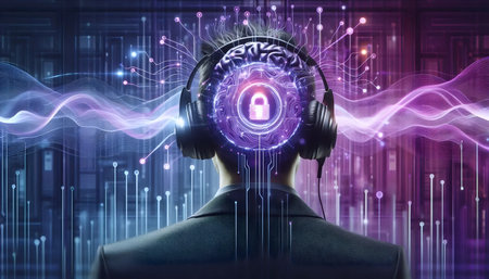 A headset-wearing user with eeg waves transforming into a digital access key, Ai created image