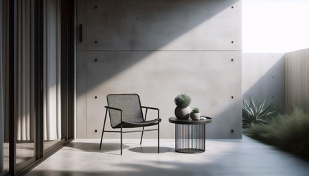 A minimalist outdoor patio with a black metal chair, a small side table, and a single potted...