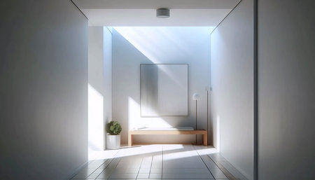 A bright minimalist hallway with white walls, a wooden bench, and a single abstract painting, Ai...