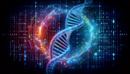 A double helix strand transforming into digital binary code, Ai created image