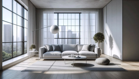 A spacious modern living room with neutral tones, a sleek gray sofa, a minimalist coffee table, and...