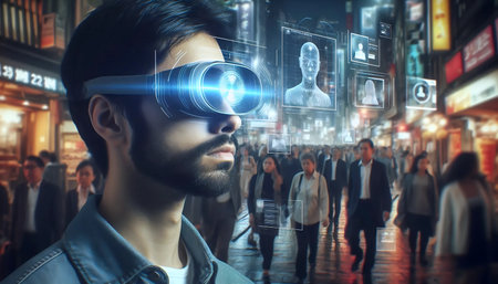 Ar glasses projecting floating biometric data about a person in a crowd, Ai created image