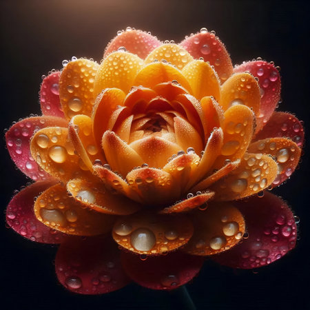 Macro shot of temple flower offering - individual marigold petals with morning dew, Ai generated imageの写真素材