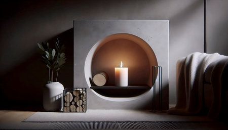 A modern minimalist fireplace with a concrete finish, a single candle, and a black metal log holder,...