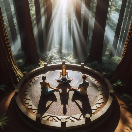 Overhead drone shot of three people meditating in lotus position on circular stone platform, Ai...
