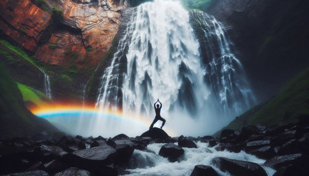 Person holding warrior pose at base of cascading waterfall, Ai generated image