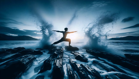 Dynamic shot of a figure in Warrior pose on rocky shoreline, Ai generated image