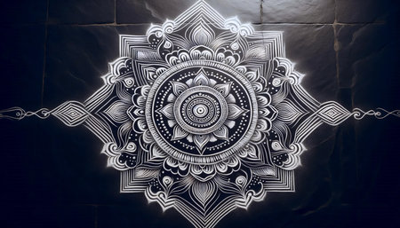 An intricate traditional South Indian kolam design drawn with rice flour on a dark stone floor, Ai...