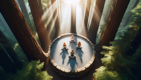 Overhead drone shot of three people meditating in lotus position on circular stone platform, Ai...