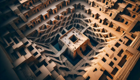 Birds-eye view of Chand Baori stepwells mesmerizing geometric patterns in Abhaneri, Ai generated...