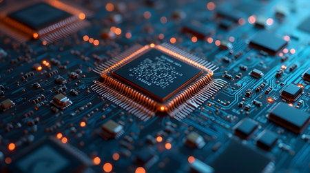 Qr code built from miniature computer chips, AI generated image