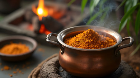 Copper pot simmering triphala churna, AI generated image