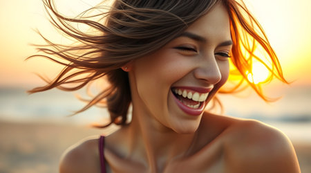 A woman laughing with pure joy, dynamic hair movementの写真素材