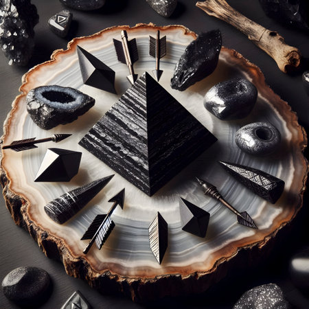 Shungite pyramid and obsidian arrowheads on geode slice, Ai created imageの写真素材
