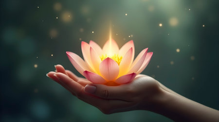 Floating lotus flower with a glowing core, Ai generated imageの写真素材