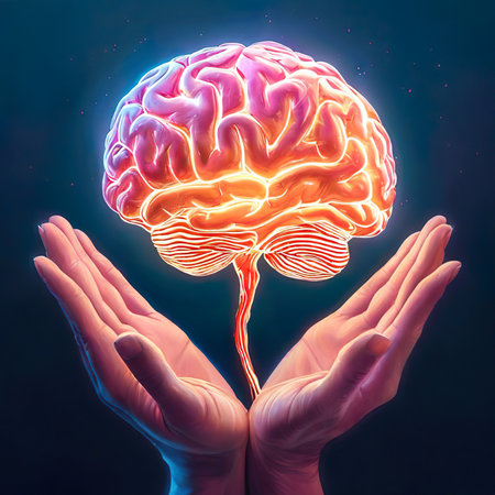 An uplifting artwork: hands holding a glowing brain, representing self-care and mental strength,...