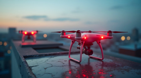 Emergency drone ports on rooftops pulsing red, AI generated imageの写真素材