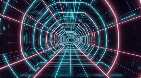 Futuristic tunnel with neon grid lines , image created using Ai