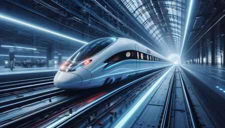 A high-speed train with aerodynamic design, image created using Ai