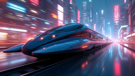 A high-speed train with aerodynamic design, image created using Ai