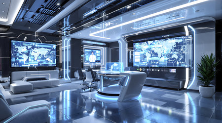 Futuristic office, blue accent lighting, image created using Ai