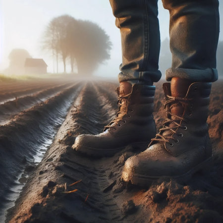 Empty boots in field, Ai generated imageの写真素材