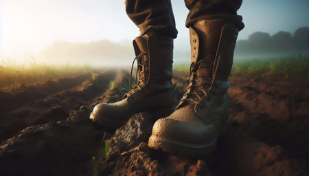 Empty boots in field, Ai generated image